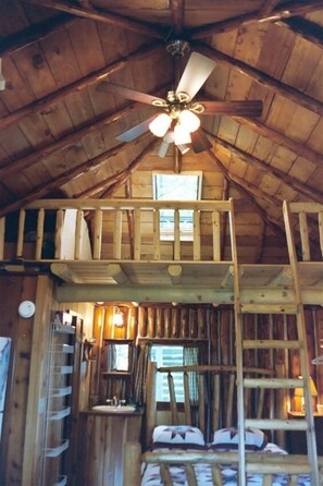 interior view of loft with skylight, back of cabin