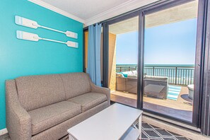 Sleeper sofa with an amazing view of the ocean.