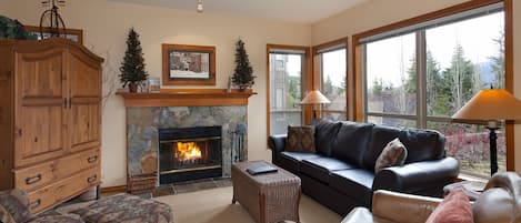 Living room features comfortable furnishings, a presto log fireplace, a sofabed and and a TV