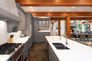 Wolf gas range, Sub-Zero refrigerator, and granite countertops