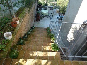 Steps to lower terrace with uninterrupted views of olive trees and vineyards