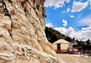 Yurt 8 sits up in the cliffs with AMAZING views of the valley below.  It is the closest yurt to our new pool, lazy river and hot tubs.  