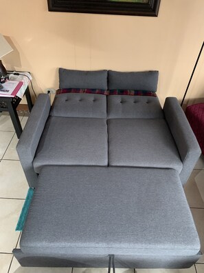 The Gray sofa in the living room makes out into another bed for extra sleeping