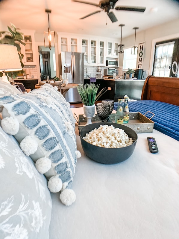 Cozy up for a movie night, and get a good night's rest in the Queen sized bed.