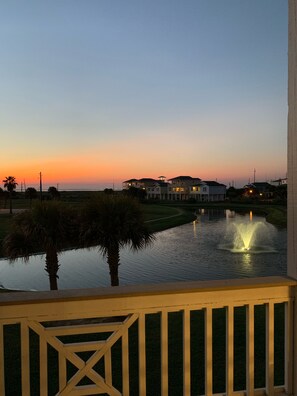 Beautiful view of the soothing water fountain from balcony off the living room. 