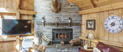 Blue stone wood burning fireplace