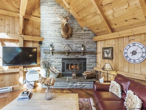 Blue stone wood burning fireplace