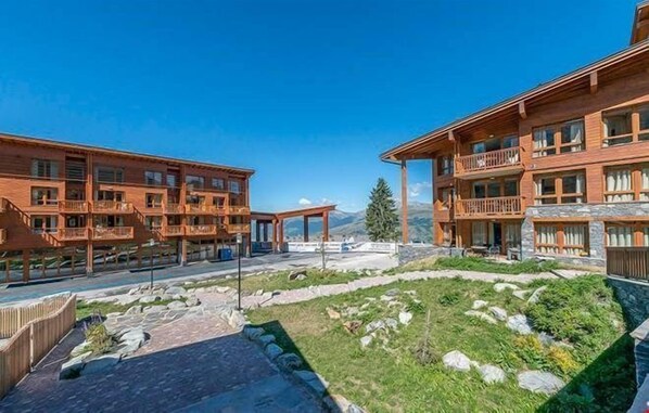 In the summer, the property's chalet-style architecture creates a warm atmosphere