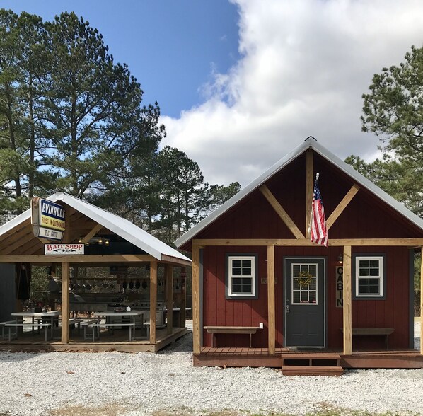 Custom built cabin with complete outdoor kitchen.