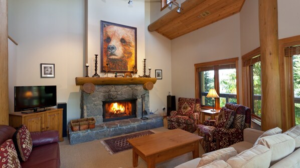 Living area with wood-burning fireplace and TV