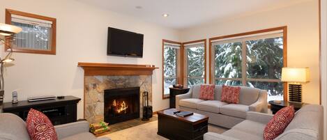 Living room with presto log fireplace and forest views