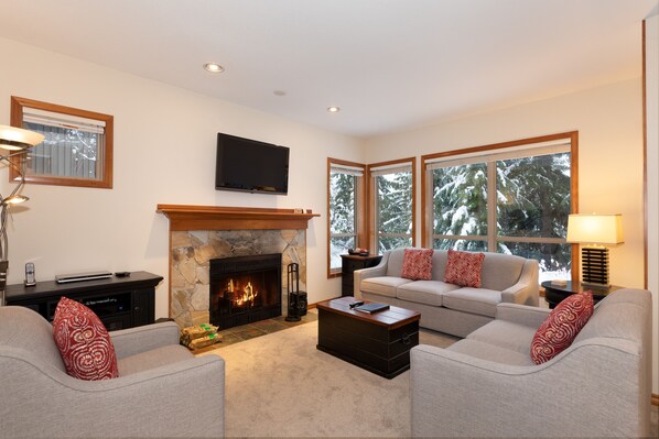 Living room with presto log fireplace and forest views