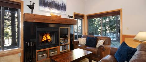 Cosy living room with fireplace and small TV.