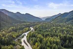 This aerial shot from above our cabin shows the White River, just steps away.