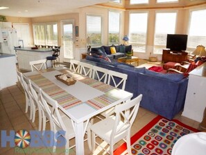 Dinner table seats 8.  Kitchen has 4 more stools