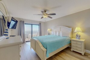 Master Bedroom w/ King Bed, Beachfront Views, and Private Balcony Access