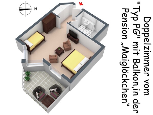 Der Grundriss des Doppelzimmers vom Typ PG mit Balkon/Terrasse in der Pension Maiglöckchen, in 3D.