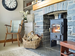 Cosy wood burner | Maes Y Bryn Farmhouse, Llansadwrn, near Llandeilo