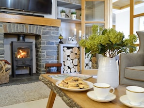 Warming wood burner within living room | Maes Y Bryn Farmhouse, Llansadwrn, near Llandeilo