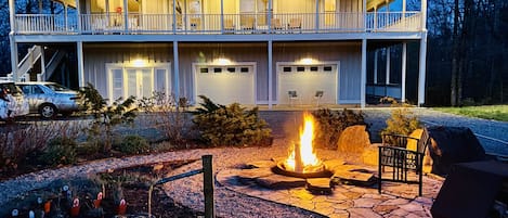 View at night with recently added firepit.  