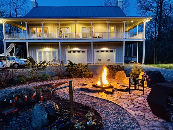 View at night with recently added firepit.  