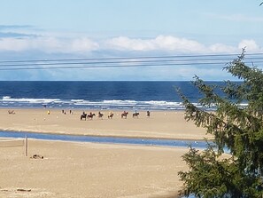 View from the deck, guests riding horses on the beach.