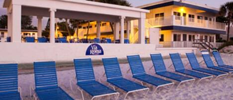 Beach Front property.  Resort provides beach chairs and several umbrellas on the