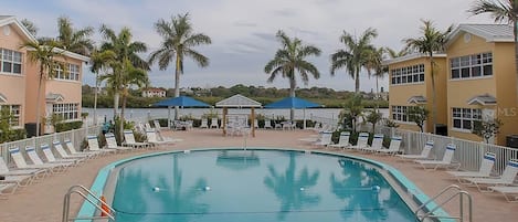 Heated pool overlooking the intercoastal waterway & docks.