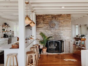 Fireplace and kitchen 