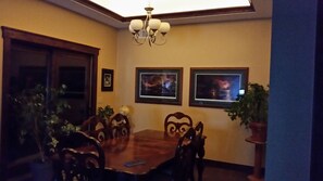 Dining room seats 6 but extra chairs available.