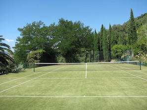 Tenni scourt w balls and racket, for kids too
