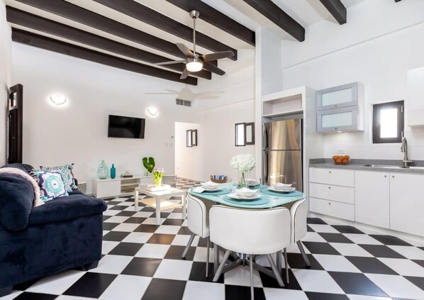 Living area features beautiful wood beams 