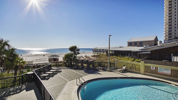 Gorgeous balcony view of the pool, beach and Gulf of Mexico