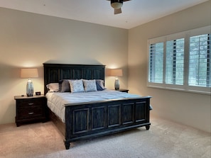 The master bedroom has a king size bed, and 43" Samsung smart HDTV and Man Views