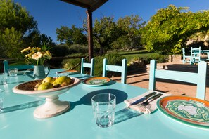 Large table (seats 12) near kitchen for outside eating under shady pergola