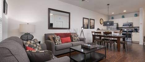 A beautiful perspective of the integrated living room and dining area