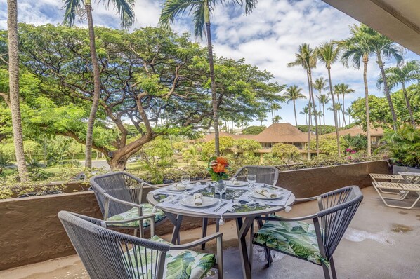 Enjoy garden view dining on your private and spacious lanai