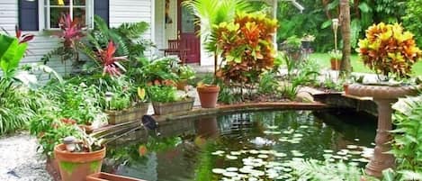 Front of cottage with Koi pond and walking bridge