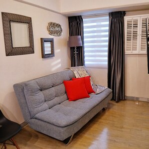 Living room with sofa bed and TV with Netflix.