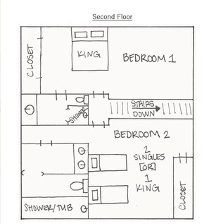 Floor plan of the second floor of the home (not to scale). The home is approximately 2,000 square feet.