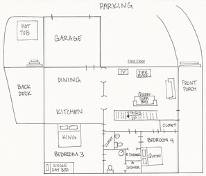 Floor plan of the first floor of the home (not to scale). The home is approximately 2,000 square feet.