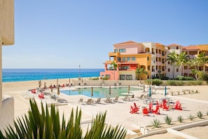 View from private balcony, ocean side pool, Playa Grande Hotel & Pacific Ocean