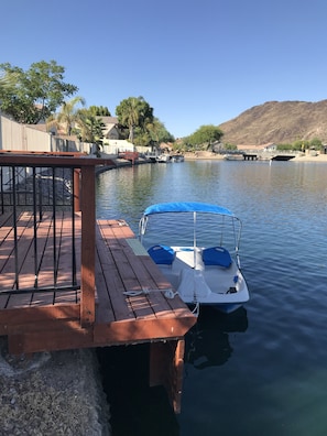 paddle boat for you to use for two adults and one child.  Kayaks, bicycles, more