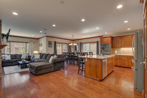 Living, kitchen, and dining area