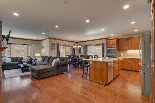 Living, kitchen, and dining area