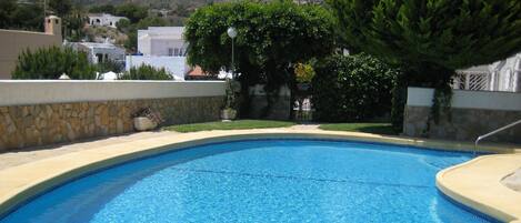 our sparkling, sheltered pool, open all year round , sun chairs supplied in apar