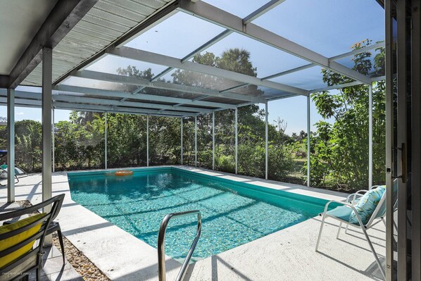 Beautiful private (heat optional) swimming pool with a 6ft deep end.  Stacked sliding doors open wide for easy access.