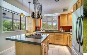 modern kitchen, marble counters, stainless appliances with views of nature