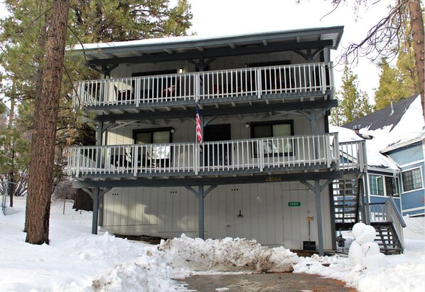 Snow covered Big Bear Cool Cabins, Escape to Bearadise front