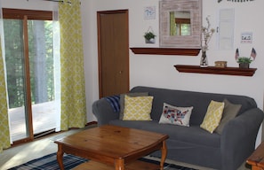 Living room with pull out couch, TV and DVD player.